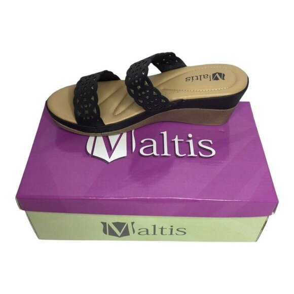 D'Bello‎ Maltis Sandals Women's Size 8 Black Slip On Round Open Toe Wedge - Picture 2 of 6
